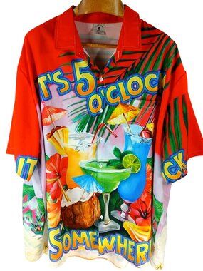 Aloha Mens 5 OClock Short Sleeve Hawaiian Shirt Size 5XL Red Multicolor Tropical